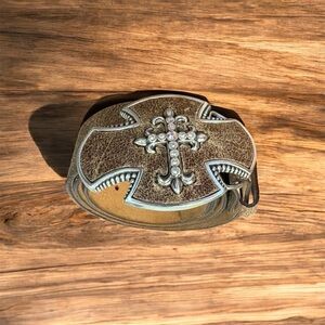 Western Brown Leather Belt with Silver Cross Buckle